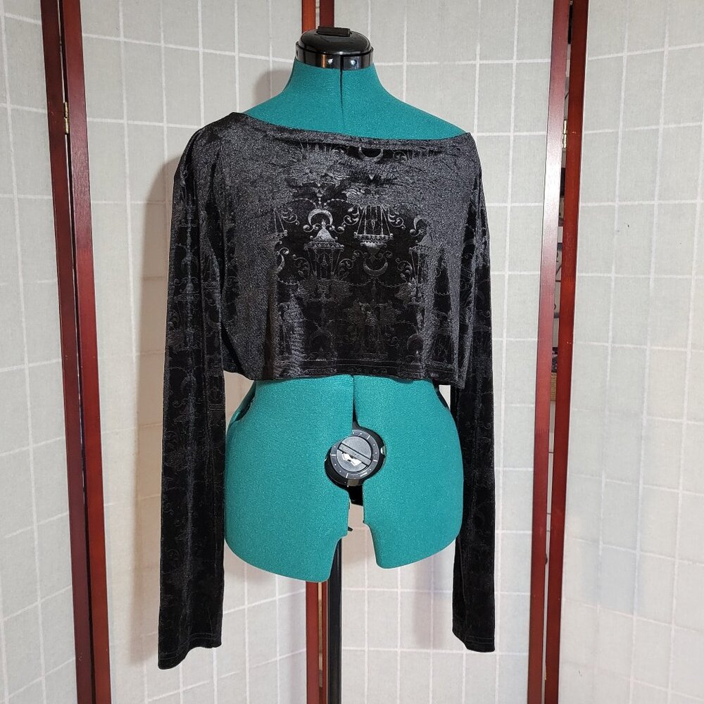 Long Sleeve Patterned Velvet Crop Top